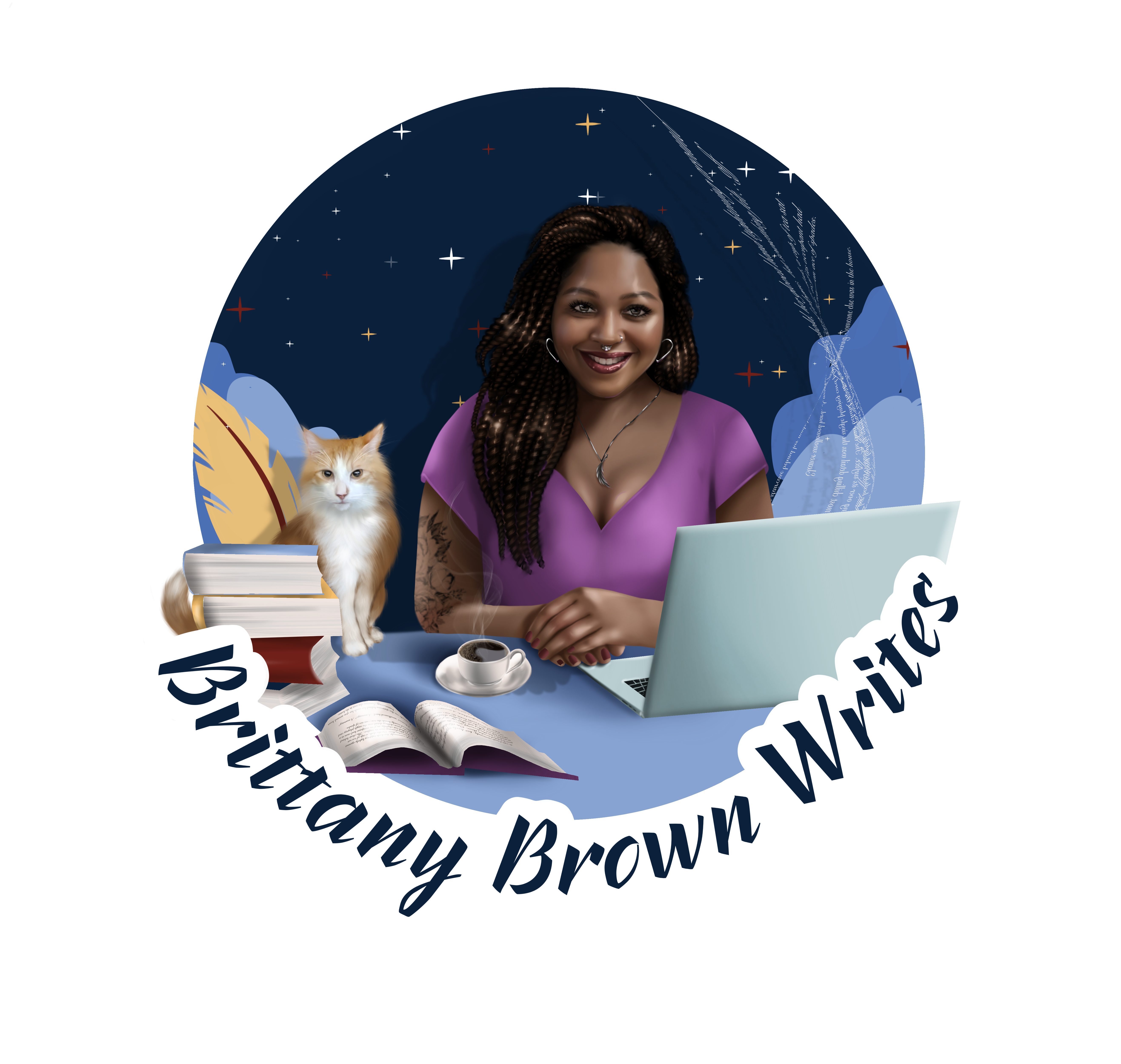 Brittany Brown Writes logo featuring Brittany with her cat, Max, surrounded by books and a cup of coffee